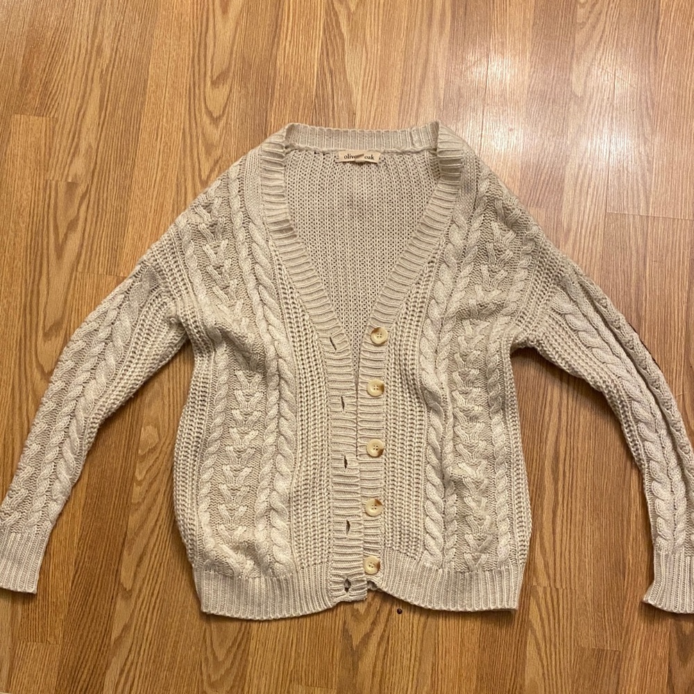 Olive & Oak Cream Cable Knit Elbow Patch Cardigan
